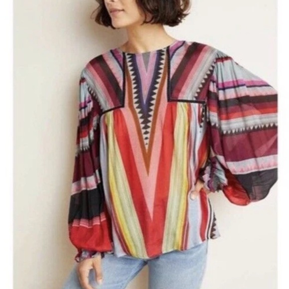 Anthropologie Tops - Bl^nk London Anthropologie MIRANDA PEASANT Grey Red Stripes Eclectic Size Small